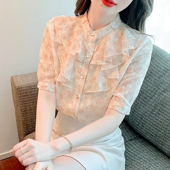 Şifon kadın Gömlek Yaz 2023 Yeni Baskılı Vintage Bluzlar O-boyun Bayan Giyim Gevşek MODA Fırfır kısa kollu üstler