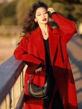 2023 Kadın Palto Sonbahar Kış Rahat Katı Açık Dikiş Takım Elbise Yaka Yün Ceket Moda Bayan Kalın Ceket T334