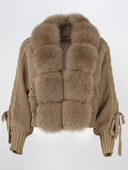 2023 Kış Kadın Rahat Gerçek Tilki Kürk Yaka Yeni Moda Kısa Sıcak Gevşek Örme Ceket Doğal Kürk Placket Ceket
