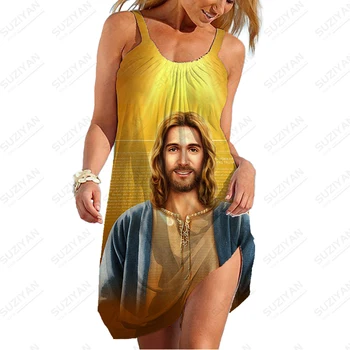 2023 Yaz Yeni kadın elbisesi Kişilik Rahat Büyük Boy Elbise Hıristiyan İsa 3d Baskılı Elbise Retro Gevşek Elbise