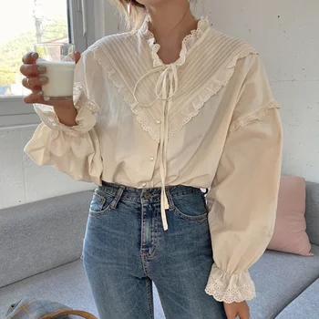 2024 Hollow Out Vintage Casual Zarif Üstleri Kadın Gömlek Kore Tarzı Katı Uzun Kollu Yay Gevşek Bluzlar Yeni Moda 9580