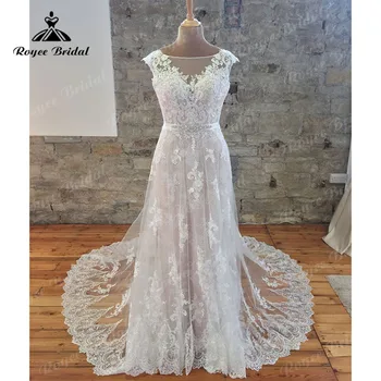 Allık Pembe Cap Sleeve Bir Çizgi düğün elbisesi Dantel Aplikler Aç Geri 2023 Vintage gelin kıyafeti Uzun Tül robe de mariée Zarif