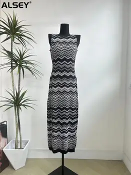 ALSEY Miyake Mizaç Yüksek Kaliteli Yaz Yeni Çizgili Baskı Örme kadın uzun elbise Zarif Rahat Ofis Bayan Giyim