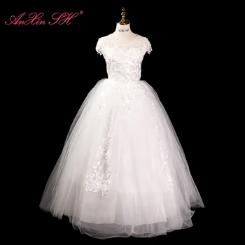 AnXin SH Fransız Retro prenses beyaz çiçek dantel o boyun ıllusion kısa kollu dantel up balo basit gelin düğün elbisesi