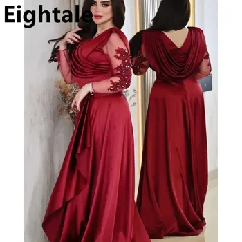 Eightale 2023 Dubai Saten Bir Çizgi Gece Elbisesi V Boyun Uzun Kollu kaftan Kat Uzunluk Boncuklu Balo Elbise Dubai Örgün Parti Kıyafeti