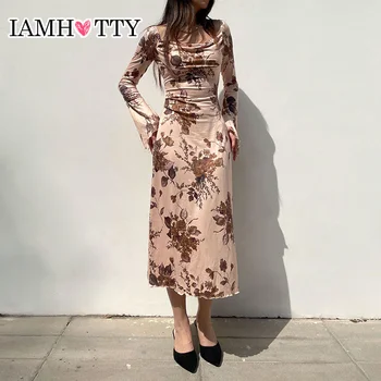IAMHOTTY Vintage Çiçekli Baskı Düz uzun elbise Peri Grunge Slim-fit Maxi Elbiseler Tatil Parti Zarif Elbise Streetwear Boho