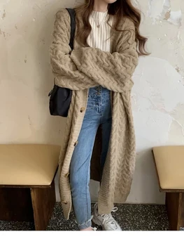 Kadın Kazak Sonbahar Kış Katı V Yaka Tek göğüslü Uzun Örme Hırka Uzun Kollu Üstleri Ceket Kadın Giyim Triko