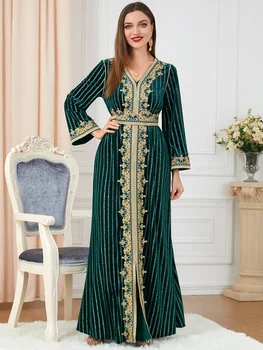 Kadın Uzun Kollu Yarık Sonbahar ve Kış uzun elbise Kadın Arap Kadife Elbise Moda Zarif Rahat Müslüman DressVestidos