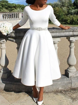 Kadınlar Beyaz Elbiseler Parti O Boyun Üç Çeyrek Kollu Yüksek Bel Bir Çizgi Pilili Yaz Moda Akşam Doğum Günü Törenlerinde 2023 Yeni