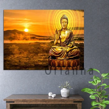 Meditasyon Budist Günbatımı Manzara Heykeli Altın Buda duvar sanatı tuval yağlıboya Posteri Modern Oturma Odası yatak odası dekoru Boyama