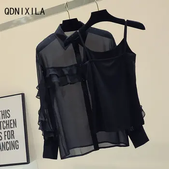 Moda Kadın Bluz 2023 Uzun Kollu Şifon İki parçalı Set kadın Gömlek Siyah Gevşek Fırfır Zarif Bluzlar Kadınlar için