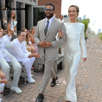 RÜYA Yumuşak Saten Basit düğün elbisesi Scoop Boyun Uzun Kollu gelinlikler Backless Kat Uzunlukta Vestido Novia Boda Custom Made