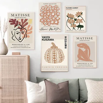 Soyut Matisse Hattı Yüz Çiçek Mercan İskandinav Posterler Ve Baskılar duvar sanatı tuval yağlıboya Duvar Resimleri Için Oturma Odası Dekor