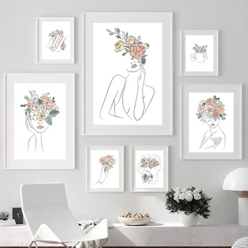 Soyut Çiçek Kafa Kız Hattı Minimalist duvar sanatı tuval yağlıboya İskandinav Posterler Ve Baskılar Duvar Resimleri Için Oturma Odası Dekor