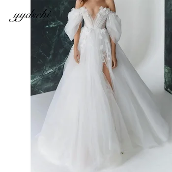 V Yaka düğün elbisesi Dantel Kat Uzunluk Mahkemesi Tren Kapalı Omuz Seksi Bölünmüş Basit Aplike A-Line Tül Plaj gelin elbiseleri