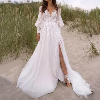 V Yaka Uzun Kollu Tül balo kıyafetleri Uzun Dantel Aplike Balo 2024 Bir Çizgi Düğün Akşam Elbise Yeni Zarif Vestidos