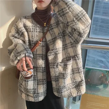 Vintage Ekose Kuzu Yün Ceket Kadın Sıcak Streetwear Faux Kürk Polar Ceket Kış Yeni Kore Rahat Gevşek Dış Giyim Üst Kadın