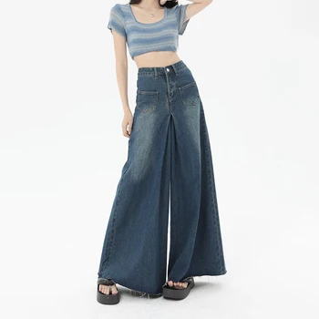 Vintage Yüksek Bel Kot Geniş Bacak Pantolon Kadın Yeni Gevşek İnce Kore Moda Düz Pantolon İlkbahar Yaz Kadın Kot Pantolon