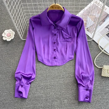 Vintage Zarif Pilili Katı uzun Kollu Bluz Moda Turn-aşağı Yaka Gömlek Casual Chic Kırpma Üst Peri Yaz Kadın
