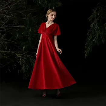 Zarif Leke Backless Kısa Kollu Kadife Toptan Kırmızı Gece Elbisesi A-Line Çay Boyu Kadın Bayan Gece Elbisesi