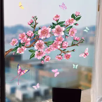 Şeftali Çiçeği Pencere Çıkartmaları Kelebek Çift taraflı Görsel Şeftali Çiçeği Sticker Anti-çarpışma Çıkarılabilir Pencere Filmi